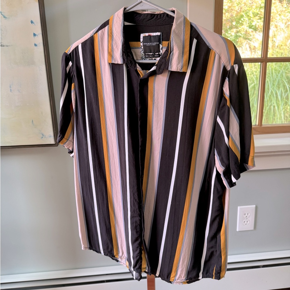 Denim & Flower Ricky Singh, Men's Striped Short Sleeve Shirt Size Large